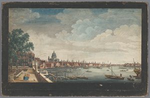 Gezicht op de London Bridge over de rivier de Theems te Londen, gezien vanaf de tuin van Somerset House door Robert Sayer