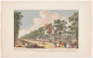 Gezicht op een laan in Vauxhall Gardens te Londen, gezien vanaf de entree