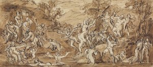 Figurenstudie van een Bacchanaal Viering in een Bebost Landschap