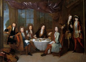 Hamontbijt. Mannen van de adel delen een diner met koude vleeswaren