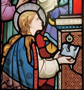 Maria biedt duiven aan in de tempel, (detail) van het oostraam, 1864