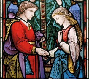 Westbury, All Saints, Heaton, Butler & Bayne, Bayne, Het Sacrament van het Huwelijk, 1864, zelfportret door Robert Turnill Bayne