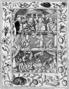 Grote alchemisten inspireren werk in het laboratorium uit Theatrum Chemicum Britannicum, 1652 door Robert Vaughan