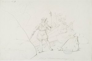 Ilmarinen takoo sampoa ; Originaalipiirustus piirrossarjaan "Kalewala, Fins nationaal gedicht, voorgesteld in tekeningen R.W.Ekman". door Robert Wilhelm Ekman