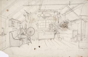 Een interieur met drie mensen: één in bed die koffie drinkt, één aan tafel die pap eet en één bij de rogge. door Robert Wilhelm Ekman