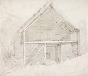 Het einde van een slaapzaal met rieten dak en stenen vloer door Robert Wilhelm Ekman