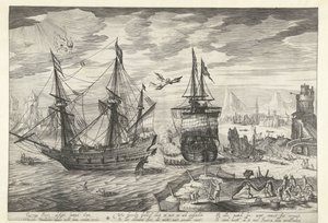 Haven met schepen, in de lucht de val van Icarus door Robert de Baudous