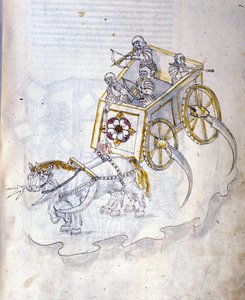 Kunst van de oorlog: studie over militaire machines. strijdwagen uitgerust met zeisen, illustratie uit 