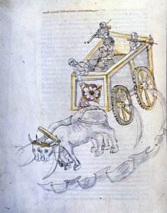 Krijgskunst: studie over militaire machines. aanvalswagen uitgerust met sikkels, illustratie uit 