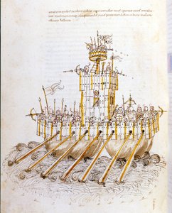 Art de la guerre: studie over militaire machines, model van een gepantserd oorlogsschip. illustratie uit 