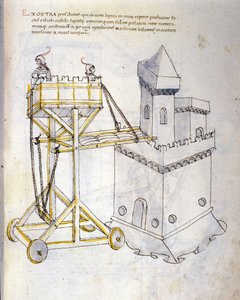 Krijgskunst: studie over militaire machines. belegeringstoren gebruikt om torens te belegeren, illustratie uit 