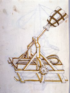 Krijgskunst: studie over militaire machines. een katapult, illustratie uit 