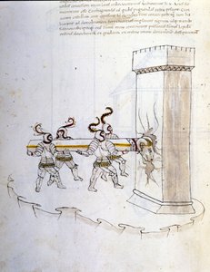 Krijgskunst: studie over militaire machines. gebruik van de stormram om een toren te belegeren, illustratie uit 