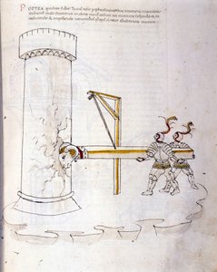 Krijgskunst: studie over militaire machines. gebruik van de stormram om een toren te belegeren, illustratie uit 