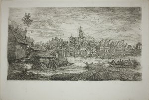Stad met stenen brug door Rodolphe Bresdin