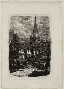 Vissershaven met puntige klokkentoren door Rodolphe Bresdin