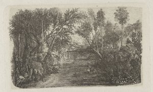Landschap met beek en bomen op oevers door Rodolphe Bresdin