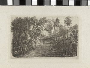 Landschap met beek en bomen op oevers door Rodolphe Bresdin