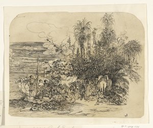 Landschap met een groep rustende oosterlingen met hun paarden en kamelen door Rodolphe Bresdin