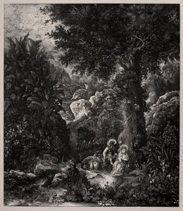 Rust tijdens de vlucht naar Egypte met een gezadeld ezel door Rodolphe Bresdin