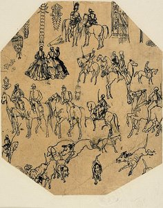 Blad met schetsen: Honden, ruiters, dames. Architecturale elementen, Insecten door Rodolphe Bresdin