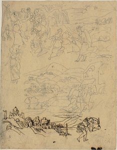 Schetsen van Bijbelse Taferelen, Stad aan het Meer, Bergdorp, Krijger door Rodolphe Bresdin