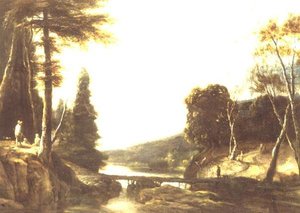 Een rotsachtig bosrijk rivierlandschap met boeren op een pad en herders bij een voetbrug door Roelandt Roghman