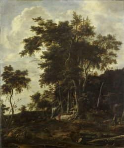 Boslandschap met een houthakkershut