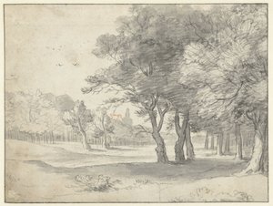 Gezicht in het Haagse Bos, met de Grote Kerk, Den Haag, in de verte door Roelant Roghman