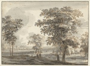 Boslandschap met herders bij een rivier door Roelant Roghman
