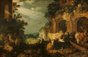 Landschap met ruïnes, vee en herten