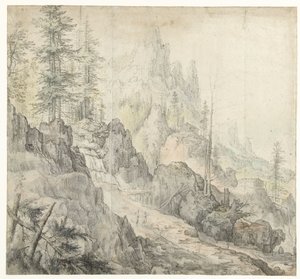 Berglandschap met waterval door Roelant Savery