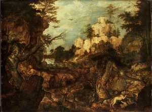 Wilde zwijnenjacht in een rotsachtig landschap door Roelant Savery