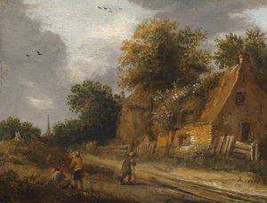 Drie figuren die langs een weg voor een huisje lopen