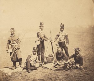 Engelse infanterie die geweren opstelt door Roger Fenton
