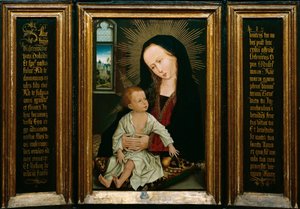Salve Regina (Salve, O Koningin, katholiek gebed), voorstelling van de Maagd en Kind met een peer