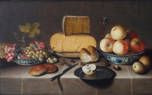 Kaas op een zilveren bord, rode en witte druiven en appels in porseleinen Wanli kommen, broodjes, een mes en een gesneden appel op een bord, alles op een gedrapeerde tafel, 1626