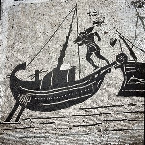 Een schip van Cagliari keert terug naar de haven van Ostia (mozaïek)