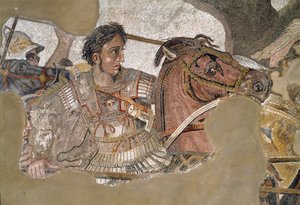 Alexander de Grote (356 - 323 v.Chr.) op zijn paard Bucephale. Mozaïek uit het Huis van de Faun, Pompeii