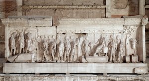 Anaglyph van Trajanus: een scène van liefdadigheid door de keizer voor arme kinderen en wezen. Rome, Foro Romano, Curia door Roman