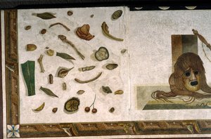 “Asarotos” (Ongeveegde vloer) Fragmenten van mozaïek gesigneerd door Harakliton uit Rome, 2e eeuw na Christus, Rome door Roman