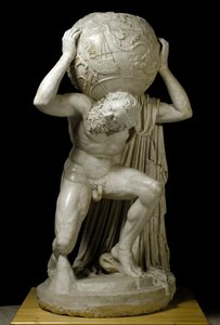 Atlas Farnese draagt de hemelbol die astronomische kennis symboliseert. Romeinse marmeren sculptuur na een Grieks origineel. 2e eeuw. Museo Archeologico Nazionale, Napels