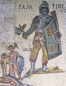 Strijd tussen Gladiatoren, detail van een gladiator met een dolk en een schild, 320 AD door Roman