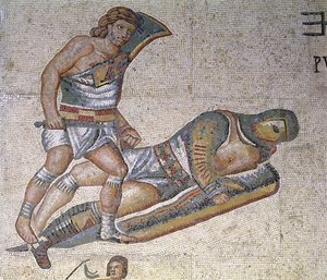 Strijd tussen Gladiatoren, detail van een gladiator die een ander tegen de grond drukt, 320 AD door Roman