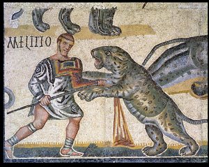 Slag van gladiatoren tegen de wilde katten, detail (320 AD) door Roman