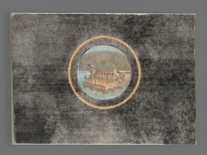 Zwart-grond fresco fragment met landschap in tondo, 50-79 AD