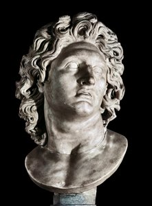 Buste van Alexander de Grote (356-323 v.Chr.), koning van Macedonië en veroveraar van Perzië. Romeinse kopie van een Grieks origineel, 3e-2e eeuw v.Chr. (marmer)