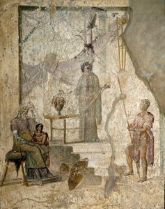 Cassandra voorspelt de val van Troje, haar vader Priamus zit links, haar broer Paris houdt de appel van Discord en een krijger leunt op zijn speer (waarschijnlijk Hector) - Fresco door Roman