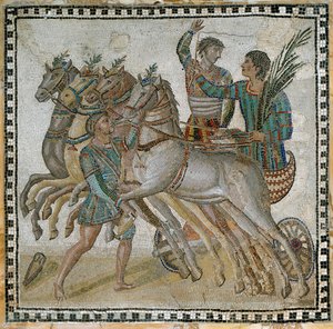 Wagenrennen (quadriga) met de wagenmenners in startpositie en een stalknecht bij het witte paard (op de voorgrond) door Roman