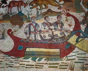 Detail van Grote Jacht mozaïek, Villa Romana del Casale, Piazza Armerina, Sicilië, Italië, 4e eeuw door Roman